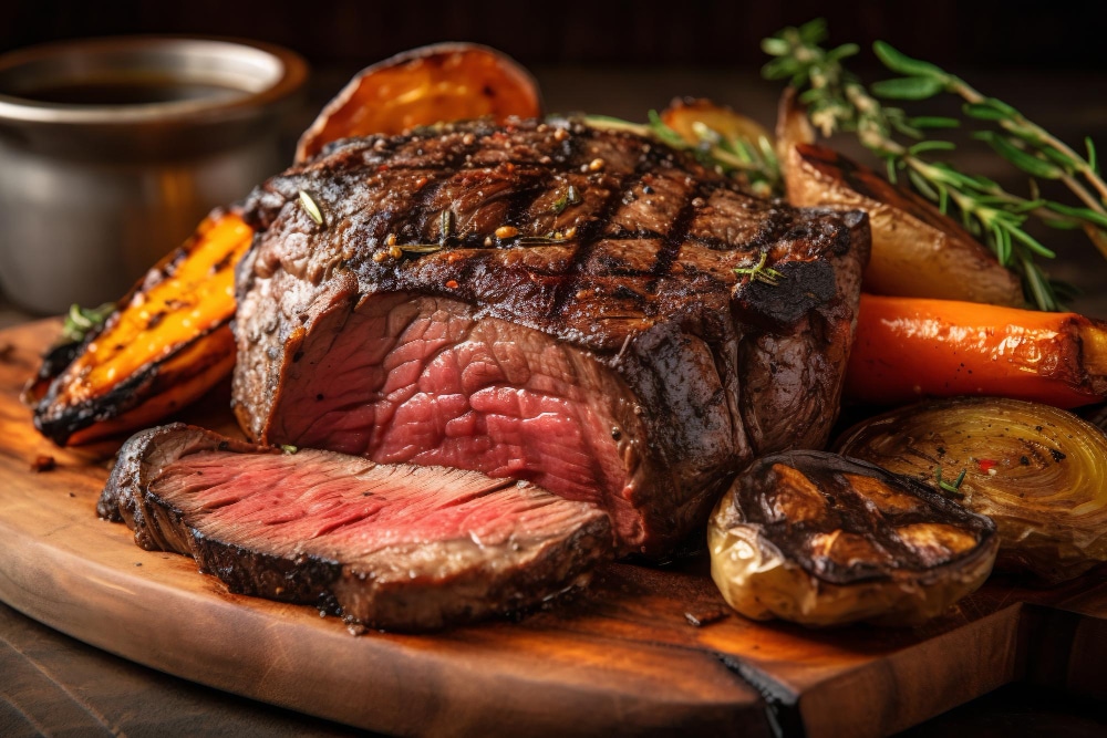 Free photo juicy steak medium rare beef with spices and grilled vegetables